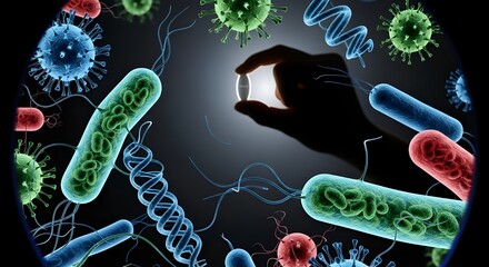 A 3D rendered illustration virus, and bacteria with a blue light science and technology concept texture on a dark backdrop