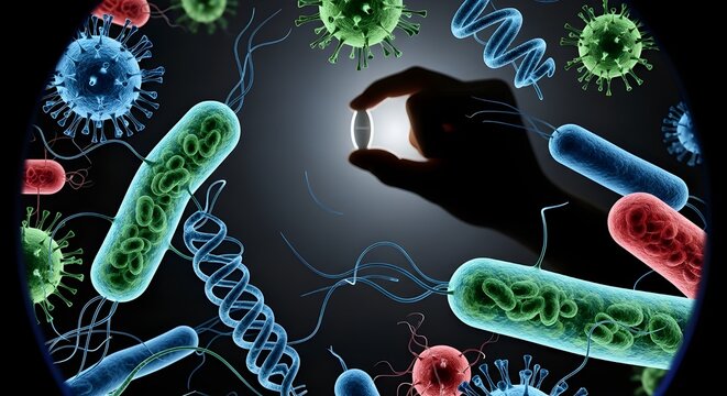 A 3D rendered illustration virus, and bacteria with a blue light science and technology concept texture on a dark backdrop