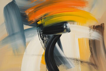 Vibrant modern abstract painting with bold sweeping brushstrokes in orange yellow black blue tones, dynamic expressive contemporary wall art design