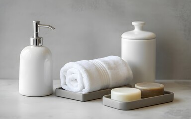 Minimalist bathroom essentials with white towel, soap bars, clean dispensers, modern hygiene accessories and spa-inspired decor for home organization