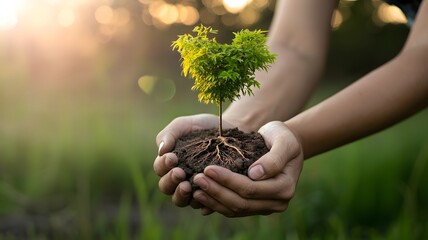 Hands holding young tree with roots symbolizing nature conservation, environmental protection, growth, sustainability, eco awareness, and reforestation efforts outdoors