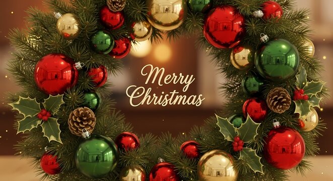 A festive Christmas wreath adorned with red, green, and gold ornaments, pinecones, holly leaves, and berries, featuring the text 'Merry Christmas'. - Powered by Adobe