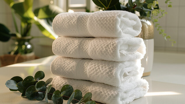towels in a spa salon on white table with mint branch