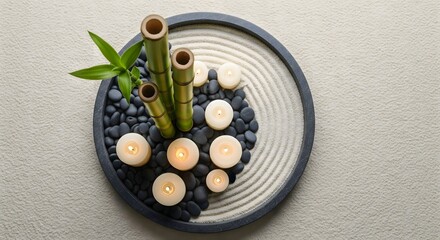 Zen garden with bamboo, stones, and candles on sand symbolizes tranquility.
