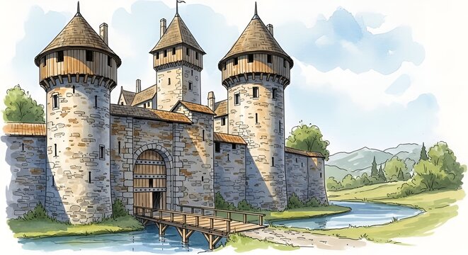 A medieval castle with towers, a moat, and a bridge in a serene landscape, perfect for historical content, fantasy world-building, and scenic wallpaper designs.