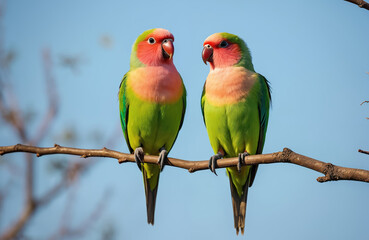 Obraz premium Two rosy faced lovebirds perch on branch against clear blue sky. Small colorful parrots native to arid regions of Africa. Vibrant plumage includes green bodies with pinkish orange chests.