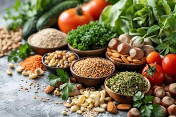 variety of fresh vegetables and herbs and nuts and seeds on tables in wooden bowls