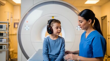 Preparing a child for a MRI scan with supportive nurse, emphasizing child healthcare and hospital - Powered by Adobe