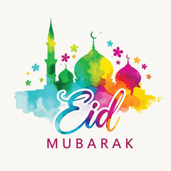 Happy Eid Mubarak, Islamic Holiday Greeting Card, Festive Colorful Mosque Illustration with Flowers, Muslim Celebration, Ramadan Kareem