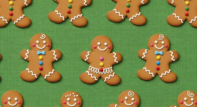 Gingerbread men cookies decorated with icing and colorful candies on a green background