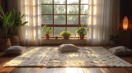 interior of zen spa luxury apartment comfortable bedroom during sunrise
