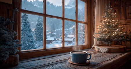 Cozy christmas scene with coffee by the window and snowy winter landscape view holiday season mood