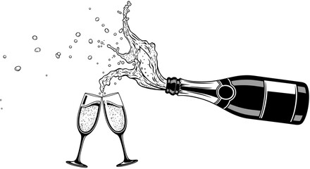 Black and white illustration of a champagne bottle pouring into two glasses, celebrating.