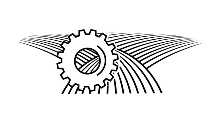 Line art of a gear over a field, symbolizing agricultural technology.