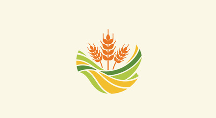 A stylized logo of three golden wheat stalks on rolling green and yellow fields, representing agriculture and harvest.