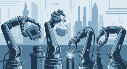 Robotic arms in a factory setting, handling components and chemicals, showcasing automation and technological advancement.
