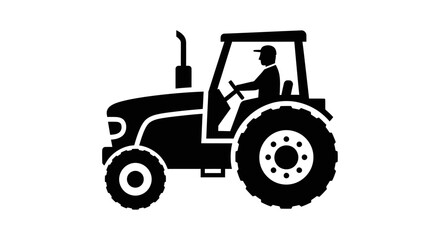 Black and white illustration of a tractor with a driver in the seat.