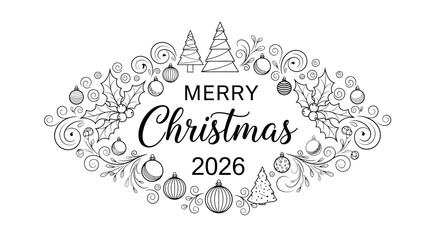 Elegant Merry Christmas 2026 design with festive ornaments, holly, and trees in a decorative oval frame.
