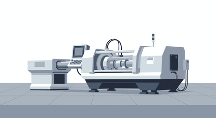 A detailed illustration of an industrial injection molding machine, showcasing its components.