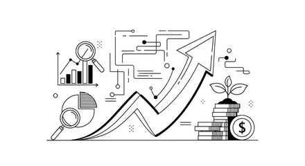 Illustration of financial growth with an upward arrow and stacked coins.