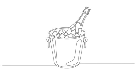 A continuous single line drawing of a champagne bottle chilling in an ice bucket filled with ice cubes.