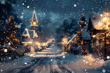 Enchanting Winter Village Scene: Snow-Kissed Street, Festive Lights, Cozy Homes.