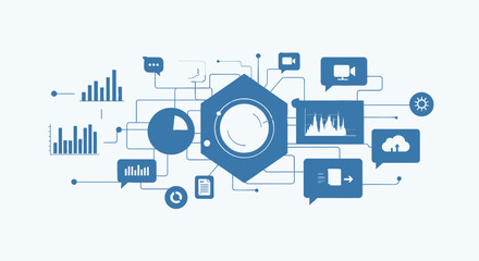 Abstract representation of data analytics, featuring charts, graphs, and cloud storage icons connected to a central processing hub.
