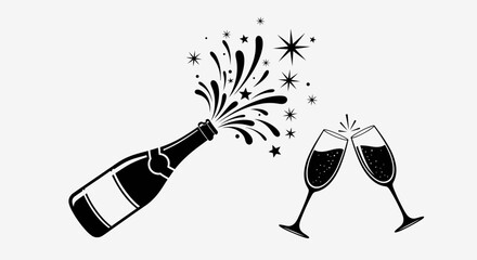 A black and white illustration of a champagne bottle popping with celebratory stars and two glasses clinking.