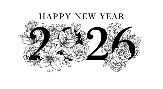 Elegant black and white floral design with the text 'Happy New Year 2026'.
