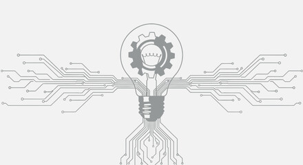 An illustration depicting a lightbulb with a gear inside, connected to circuit board lines, representing innovation.