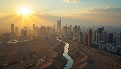 City Skyline Sunset with River