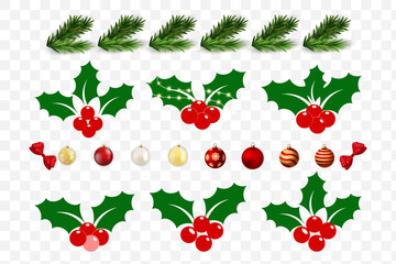 Christmas Holiday Decor Elements Collection With Holly Pine Branches And Ornaments
