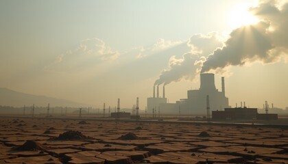 Industrial Pollution Landscape with Solar Panel Field