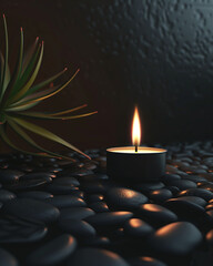 burning candle on a dark background, with spa stones