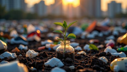 Resilience Amidst Pollution Single Plant Sprouts From Glass Bottle Among