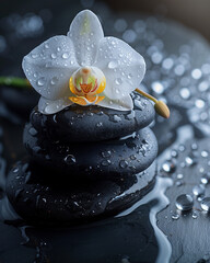 spa still life with black flat stones and orchid