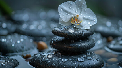 spa still life with black flat stones and orchid