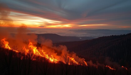 Flames Rising Against Silhouetted Landscape
