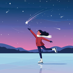 Girl ice skating under a starry sky with shooting stars in the background during winter season 
