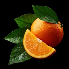 A fresh, whole orange placed on top of a few vibrant green leaves. 