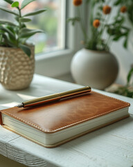 notebook and pen on wooden table