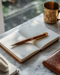 notebook and pen on wooden table