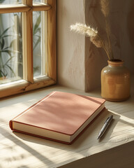 old book on table with pen and flowers