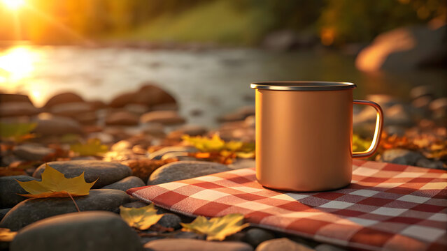 Orange camping mug on red white checkered cloth by river