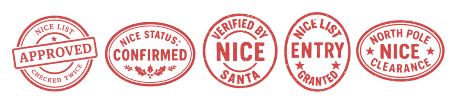 Vintage red rubber nice list approval stamps featuring santa certification labels for holiday graphics