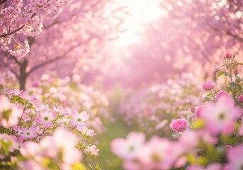 Obraz premium A dreamy pathway through a garden of blooming pink cherry blossoms