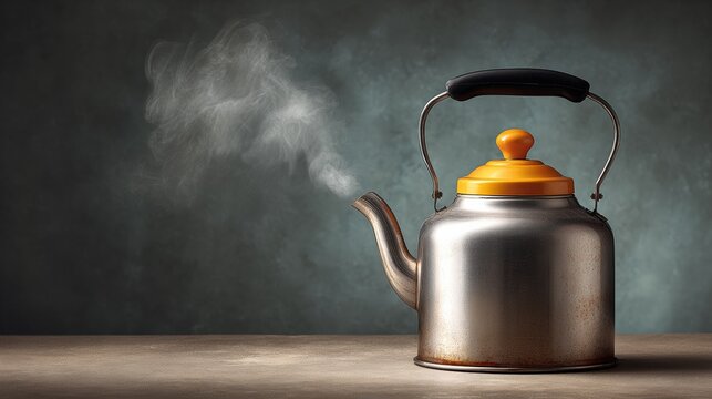 A silver tea kettle is sitting on a table with steam coming out of it. The steam creates a sense of warmth and comfort, and the kettle itself has a vintage, nostalgic feel to it