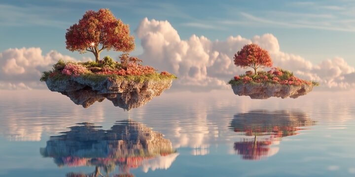 Dreamlike islands float serenely above the tranquil, reflective waters.