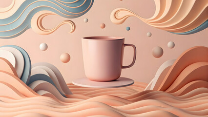 Pastel pink mug floating above wavy abstract shapes