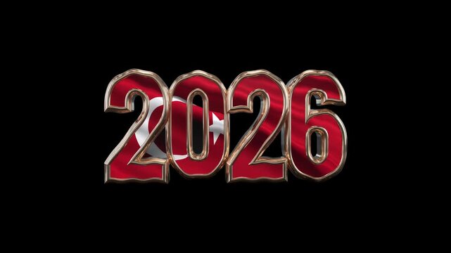 Waving Turkish Flag Inside 2026 Numbers on Black Background &ndash; New Year Celebration Animation for country Turkey